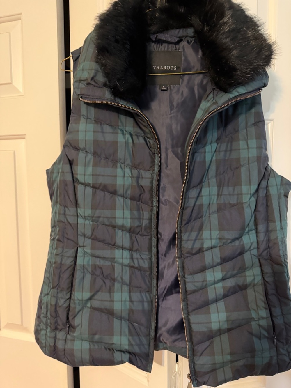 Talbots Teal & Navy Plaid Quilted Vest with Faux Fur Collar